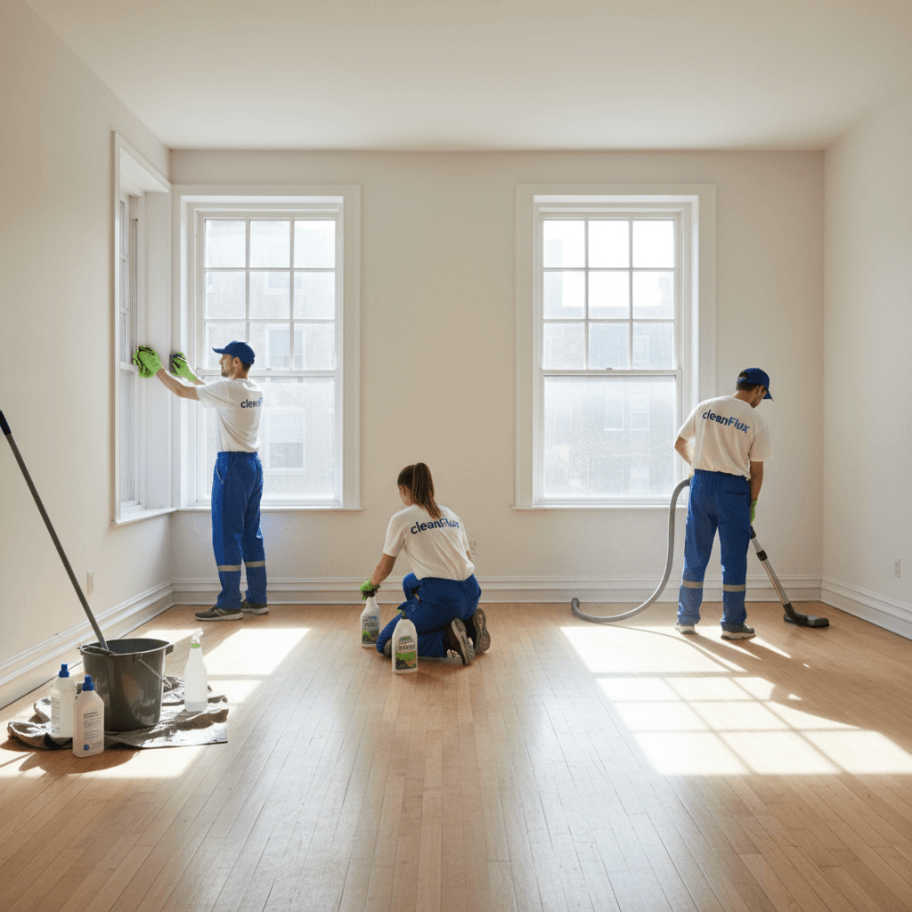 Professional cleaners in uniforms performing move-out cleaning in a bright, unfurnished room.