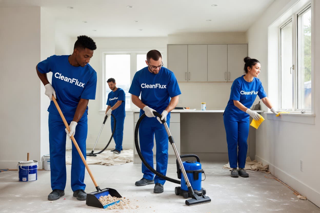 Four cleaners in blue uniforms sweeping, vacuuming, and dusting a bright, newly renovated room.